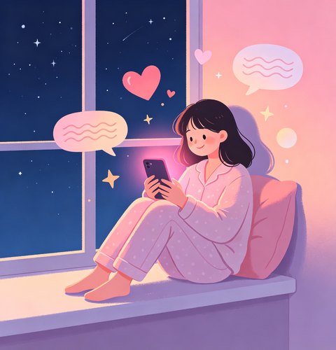 saylo产品介绍插画：夜晚窗边与AI恋人温暖聊天的女孩